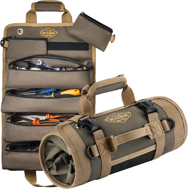 Product image of The Ryker Roll Up Tool Bag Organizer Gifts for Dad. Heavy Duty Motorcycle Tool Roll Bag Organizer. Portable Rollup Toolbag w/Detachable Pouches - Tools Bags Mens gifts for him - Mechanic & Electrician