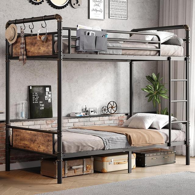 Product image of Metal Bunk Bed Twin Over Twin, Industrial Bunkbeds Heavy Duty Bed with Safety Guard Rails and Space-Saving Design, Steel Bed for School, Bedroom (Vintage Brown)