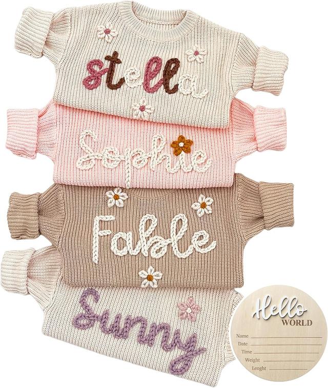 Product image of NAZENTI Personalized Baby Sweater, Custom Embroidered Knit Sweater with Name, Newborn Boy Girl Toddler Outfit, Infant Pullover, Gift for Birthday, Baby Shower, Christmas, Newborn Coming Home Clothes
