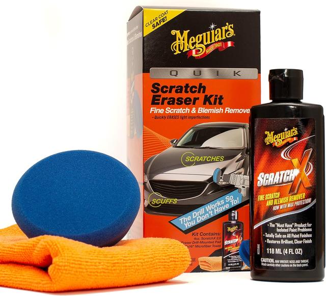 Product image of Meguiar's Quik Scratch Eraser Kit, Car Scratch Remover for Repairing Surface Blemishes, Car Care Kit with ScratchX, Drill-Mounted Pad, and Microfiber Towel, 4 Count