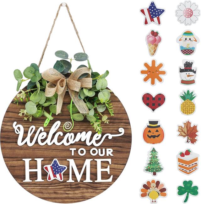 Product image of Interchangeable Seasonal Welcome Sign Front Door Decoration, Rustic Round Wood Wreaths Wall Hanging Outdoor, Farmhouse, Porch, for Spring Summer Fall All Seasons Holiday Halloween Christmas.