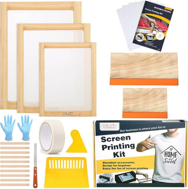 Product image of Caydo 23 Pieces Screen Printing Starter kit Include 3 Different Size of Wood Silk Screen Printing Frame with Mesh, Screen Printing Squeegees, Inkjet Transparency Film, Ink Knife, and Mask Tape