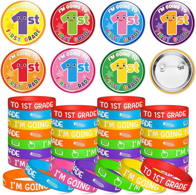 Product image of Kindergarten Graduation Party Favors - 56Pcs I'm Going to 1st Grade Button Pin with Silicone Bracelet Class of 2025 Congrats Grad Rubber Wristband Badge Pins for Kids Graduation Ceremony Exchange Gift