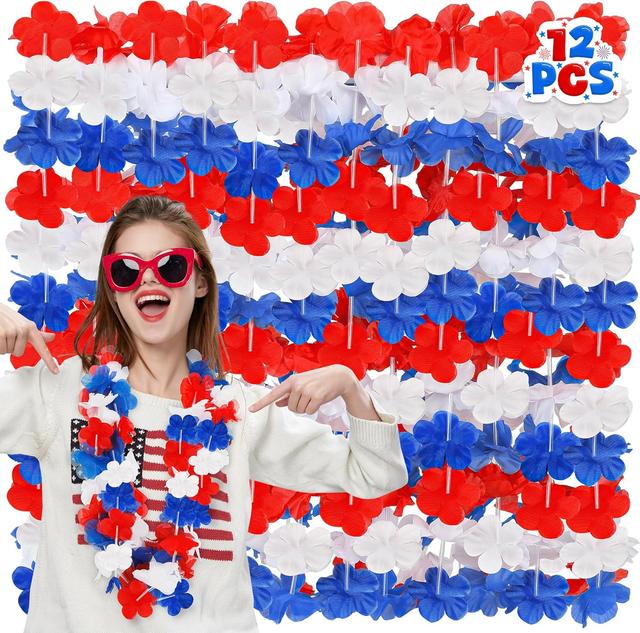 Product image of 4th of July Leis Decorations, 12pcs Red Blue White Patriotic Leis, Fourth of July Silk Flower Accessories, Independence Day Bulk for Memorial Day Veterans Day Patriotic Parade Party Favors