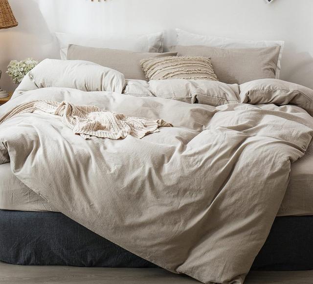 Product image of MooMee Bedding Duvet Cover Set 100% Washed Cotton Linen Like Textured Breathable Durable Soft Comfy (Heathered Tannish Linen Grey, King 104"x90")