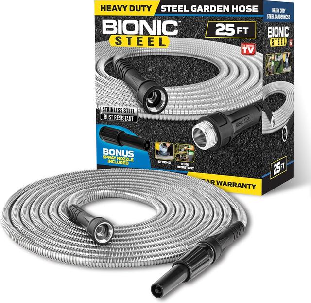 Product image of Bionic Steel 25 Ft Short Metal Garden Hose with Nozzle, Premium 304 Stainless Steel Metal Water Hose 25Ft, Flexible, Kink Free, Lightweight, Heavy Duty, Crush Resistant Fittings, 500 PSI, 2025 Model
