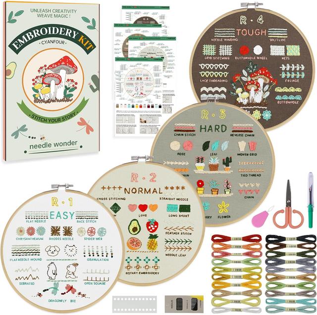 Product image of CYANFOUR 4 Stage Beginners Embroidery Kit for Adults, Easy to Learn 38 Different Stitches from Instruction & Video, Needlepoint Kits for Adults with Stamped Embroidery Patterns