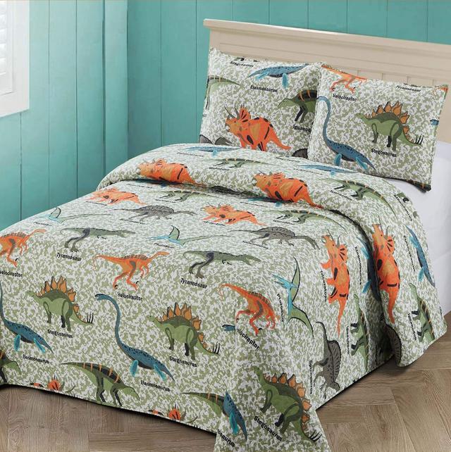 Product image of 3 pc Full/Queen Size Quilt Bedspread Kids/Teens Boys Dinosaurs Army Green Blue OrangeMulticolor Bedding New