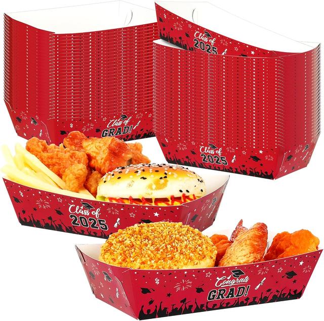 Product image of 50 PCS Graduation Decorations Class of 2025, Red Grad Food Paper Trays, 2 Style Class of 2025 Plates Hot Dog Trays, Easy to Assemble Red and Black Graduation Decorations 2025