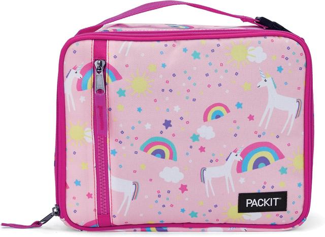 Product image of PackIt Freezable Classic Lunch Box, Unicorn Sky Pink, Built with EcoFreeze Technology, Collapsible, Reusable, Zip Closure With Zip Front Pocket and Buckle Handle, Perfect for School Lunches