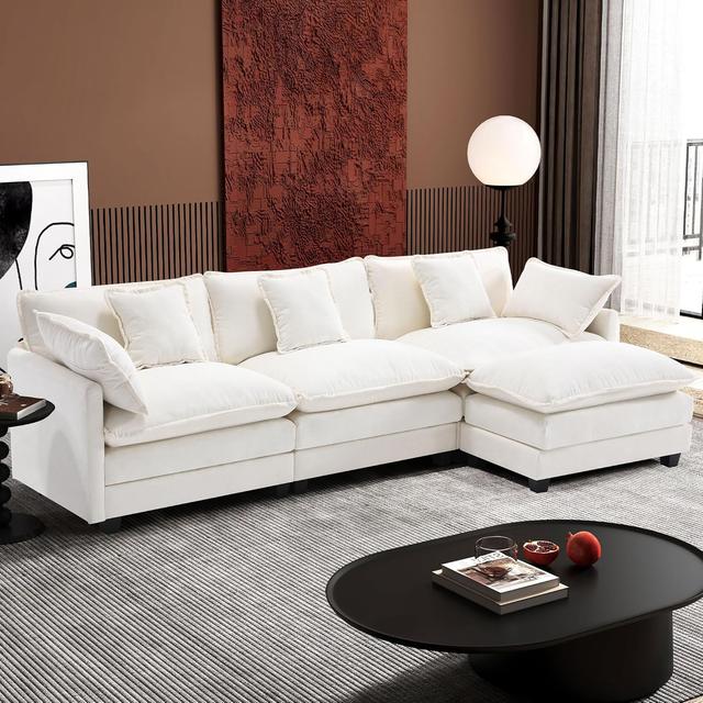 Product image of Ihanherry 111.4" L Shaped Modern Sofa Modular Sectional Cloud Couch with Ottoman, 4-Seat Chenille Deep Seat Sofa with Pillow for Living Room, Bedroom and Apartment, Beige