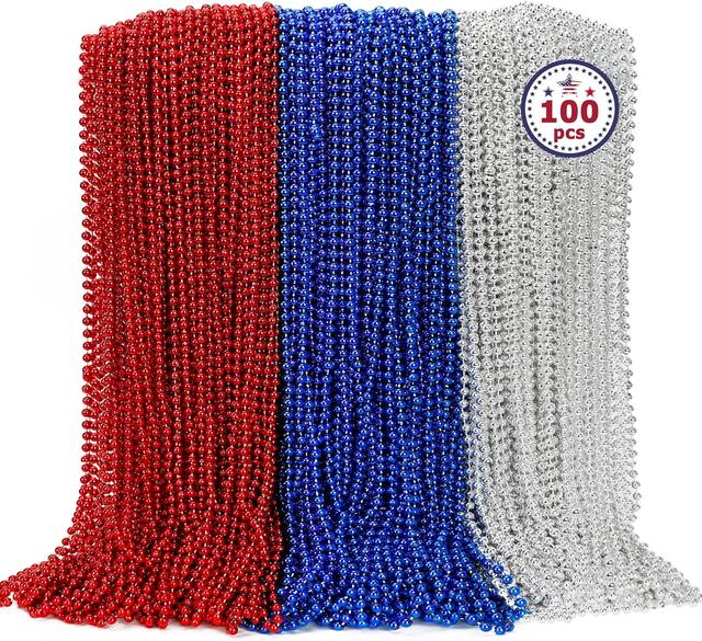 Product image of 100PCS 4th of July Accessories: Independence Day Beads Necklace Bulk, Fourth of July Red Blue Silver Necklace Party Favors for Patriotic Parade Party Celebration Favors Decorations