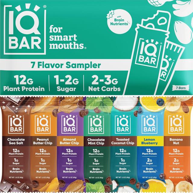 Product image of IQBAR Brain and Body Plant Protein Bars - 7 Bar Sampler Pack - Gluten Free, High Fiber, Vegan Snacks - Low Sugar Meal Replacement