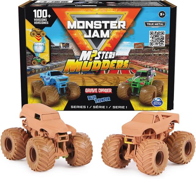 Product image of Monster Jam, Mystery Mudders 2-Pack Monster Trucks, Official 1:64 Die-Cast Vehicles, Wash to Reveal (Styles Will Vary), Kids Toys for Boys 3 and Up