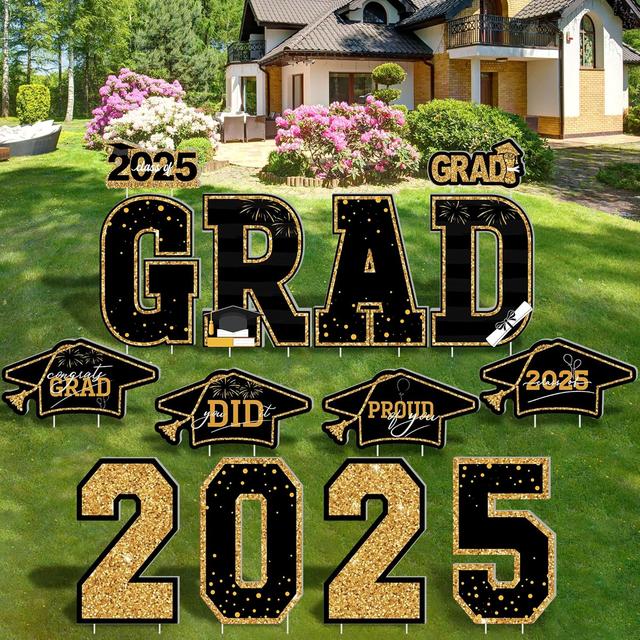Product image of Graduation Yard Sign, 14 PCS Black Gold Large Congrats Grad Lawn Stakes, Class of 2025 Yard Signs with Stakes, Graduation Party Decorations Outdoor, Graduation Yard Decor for College High School