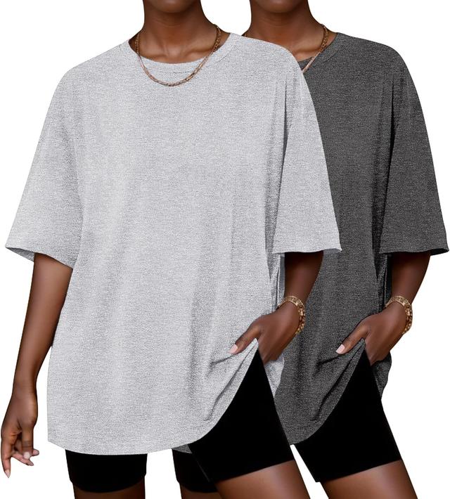 Product image of Ekouaer 2 Pack Womens Tops Short Sleeve Oversized T Shirts Summer Spring Tops 2025 Basic Casual Tee Top S-XXL