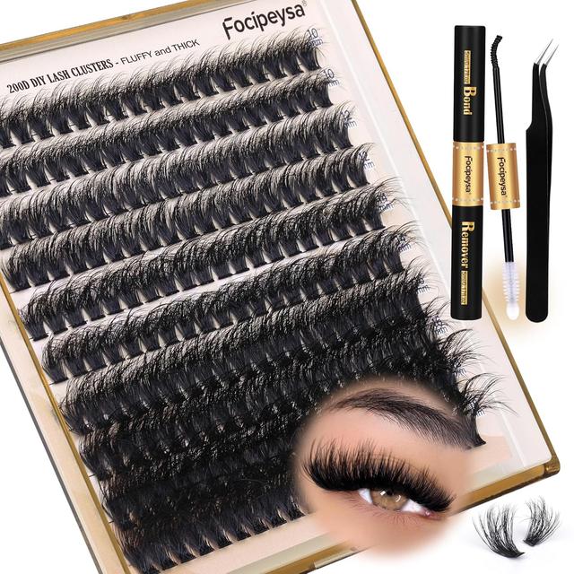 Product image of Focipeysa Lash Extension Kit Thick Eyelash Extension Kit 10-18mm Volume Lash Clusters 200D Individual Eyelashes Kit with Lash Bond, Lash Remover, Lash Applicator, DIY Lashes Extension