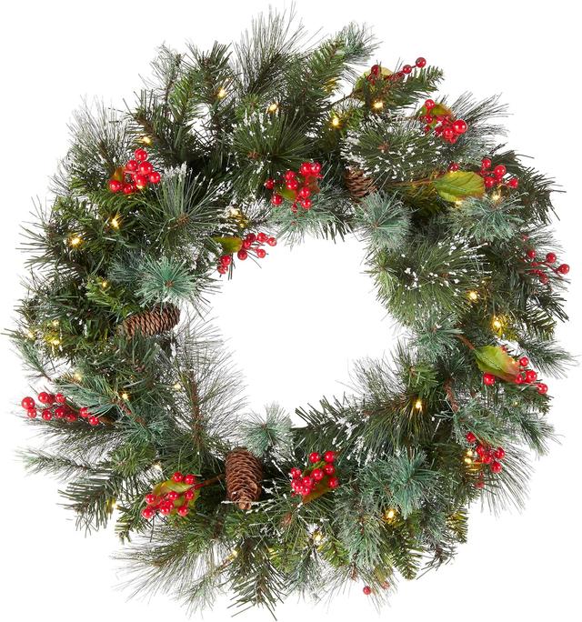 Product image of National Tree Company Pre-Lit Artificial Christmas Wreath, Green, Wintry Pine, White Lights, Decorated with Pine Cones, Berry Clusters, Frosted Branches, Christmas Collection, 24 Inches
