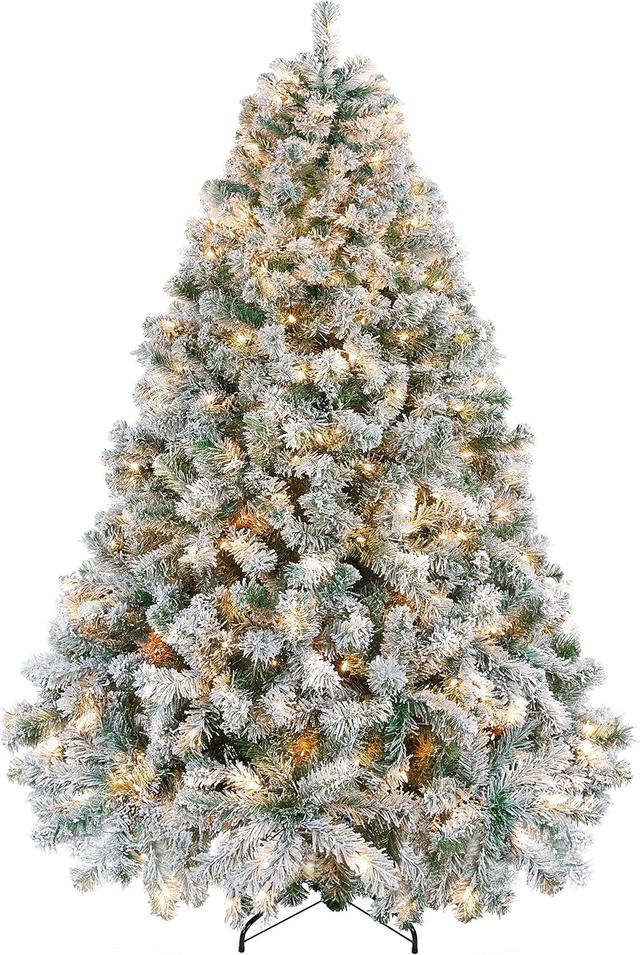 Product image of Yaheetech 6ft Pre-lit Artificial Christmas Tree with Incandescent Warm White Lights, Snow Flocked Full Prelighted Xmas Tree W/820 Branch Tips, 250 Incandescent Lights & Foldable Stand, Green & White