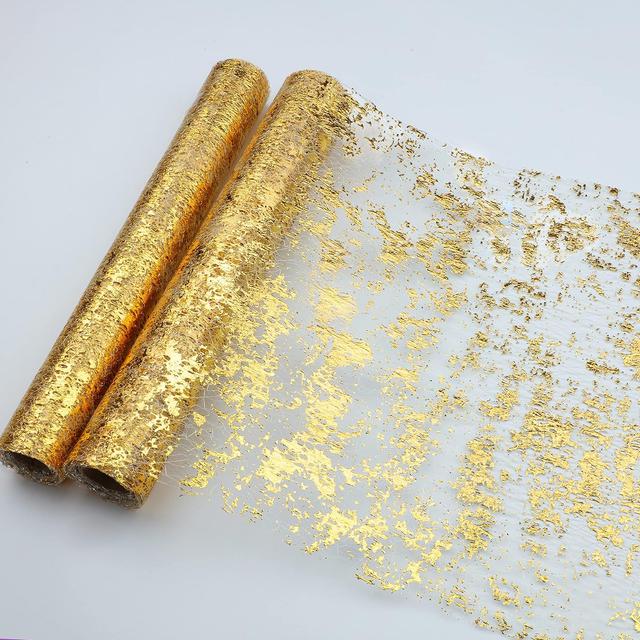 Product image of Snowkingdom 2 Pieces Gold Table Runner, Sequin Glitter Foil Metallic Thin Mesh Runner Roll 11"x108", Gold Table Decorations for Event Party, Wedding, Birthday Party, Christmas